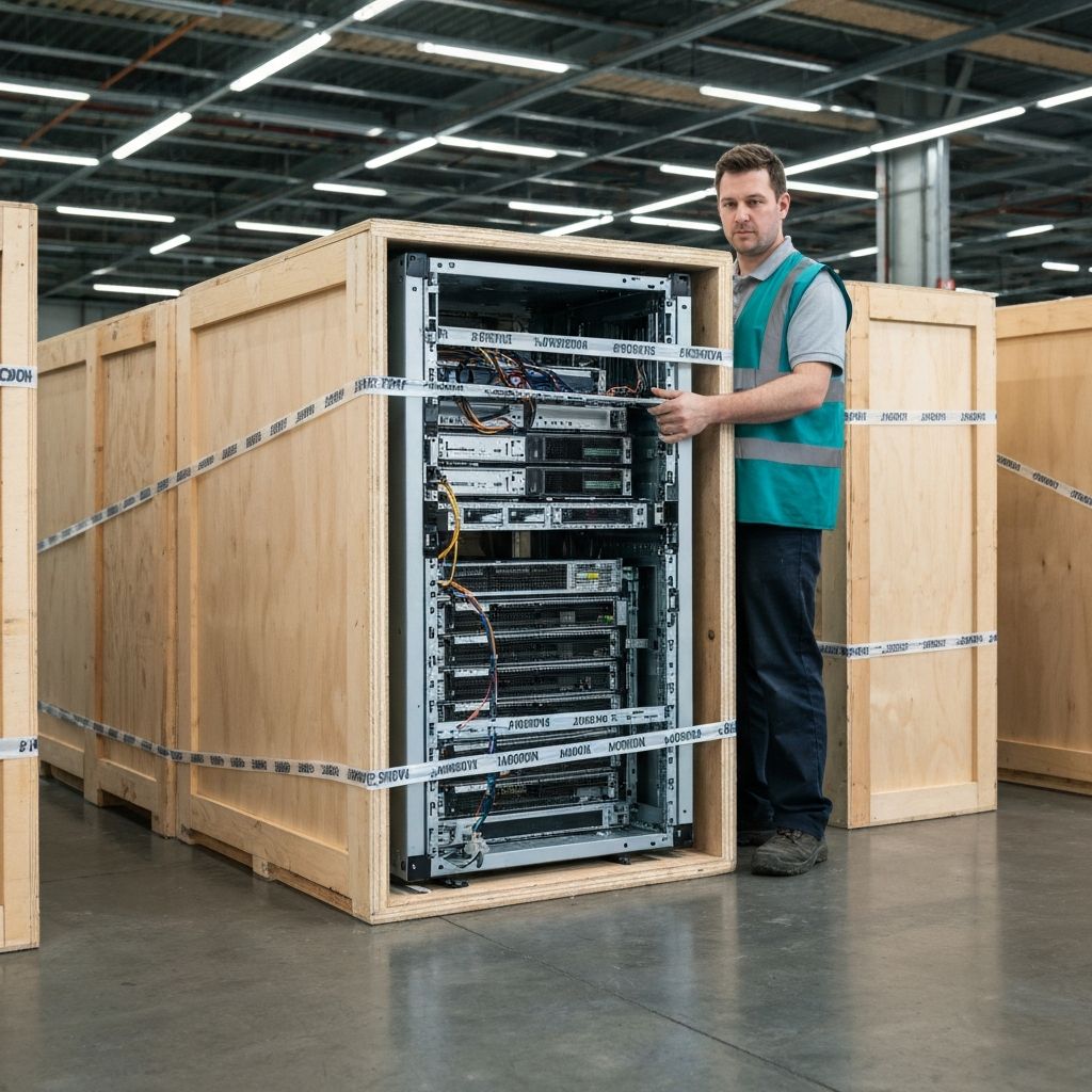 Servers packed into foam-lined crates with tamper-evident seals ready for transport