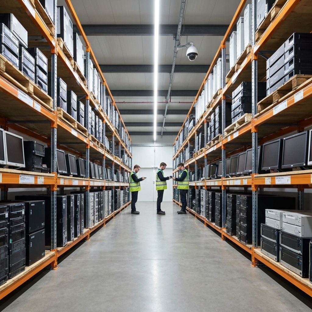 Racked and labelled IT assets in the Nanosoft warehouse awaiting secure processing