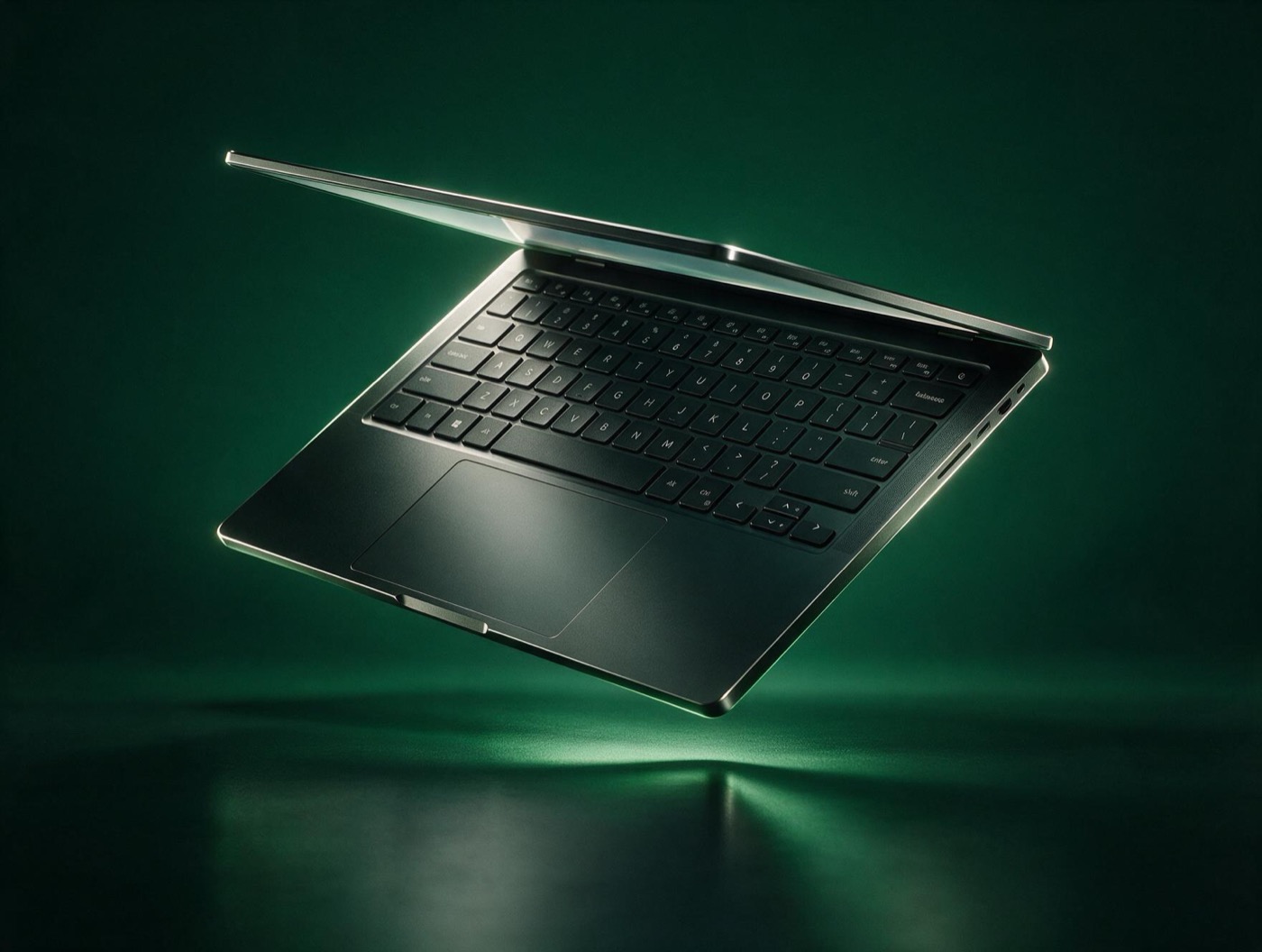 Refurbished business laptop floating on a dark green stage