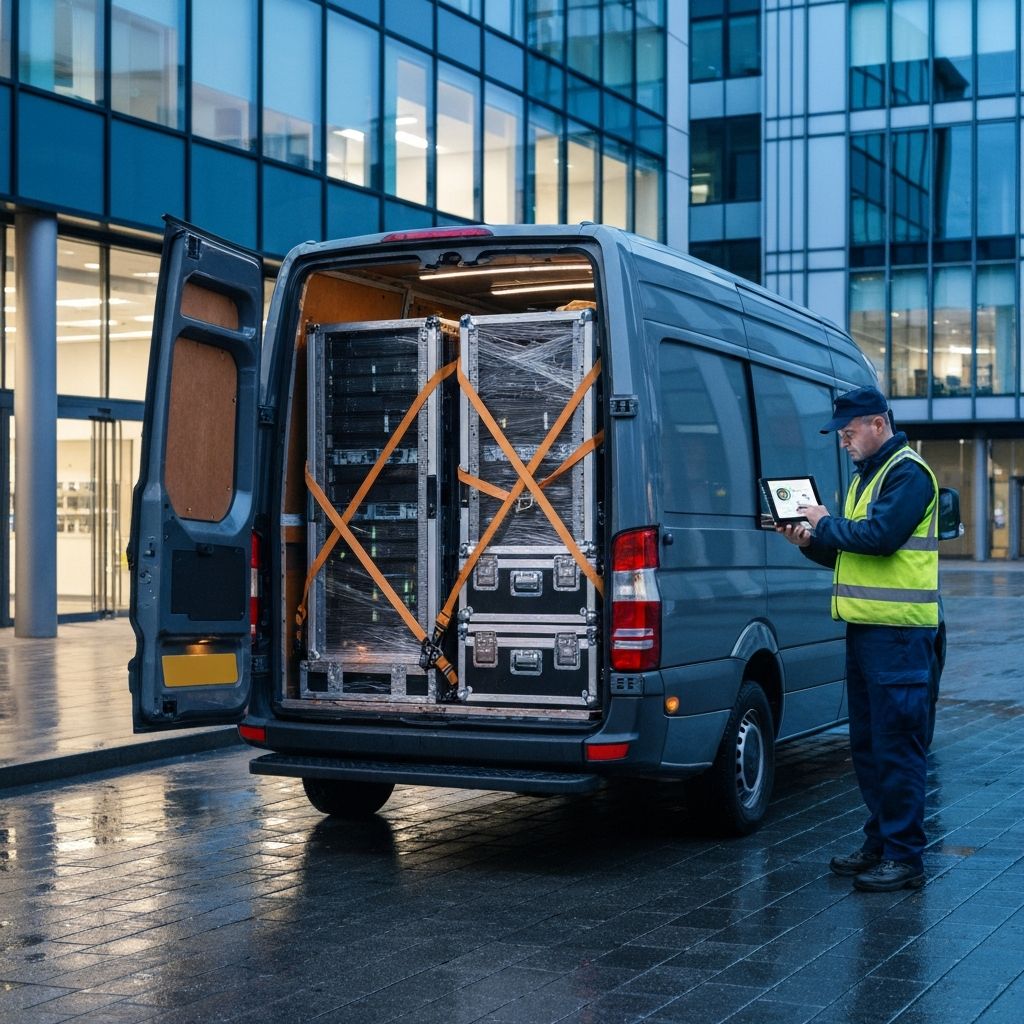 Tracked transit van loaded with sealed IT equipment crates